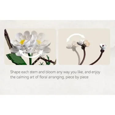 Kit de construction Cada fleurs Hiver, démonstration d’assemblage: fleurs blanches et feuilles avec instructions de modelage pièce par pièce, plus de 900 pièces de décoration.