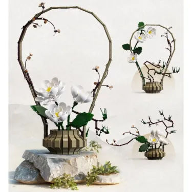 Kit de construction Cada fleurs Hiver : arrangement floral en fleurs blanches sur treillis et socle en pierre, avec 900+ pièces.