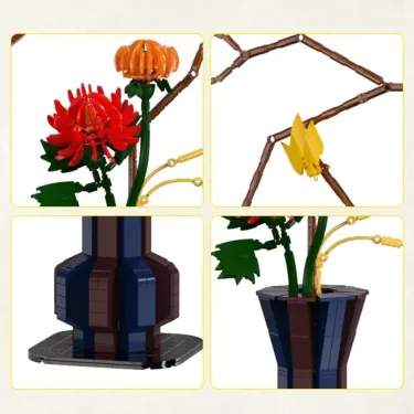 Kit de construction Cada fleurs Automne – ensemble de 750+ pièces: fleurs rouges/orange, tiges et branches, pot bleu et socle.