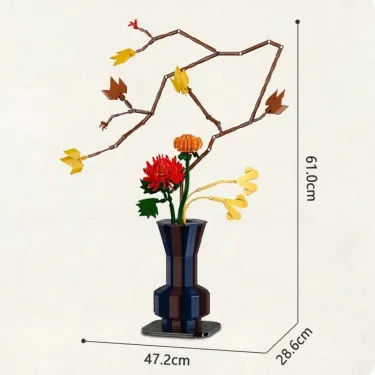 Kit de construction Cada fleurs Automne, vase bleu avec fleurs rouges et jaunes, branches décoratives et pot sur socle noir (61,0 x 28,6 x 47,2 cm)