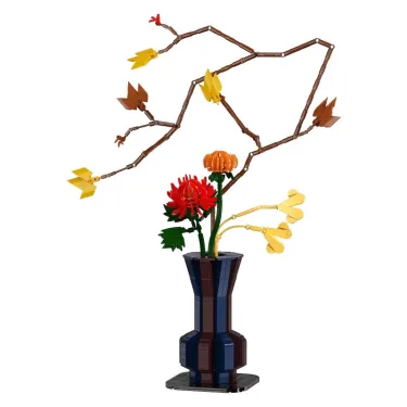 Kit de construction Cada Fleurs Automne avec plus de 750 pièces: vase architectural bleu foncé contenant des fleurs rouges et orange et des branches marron décoratives.