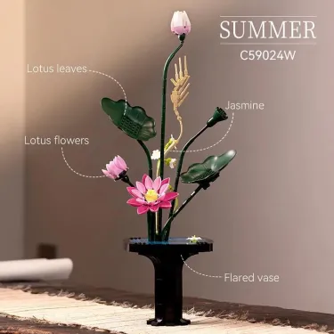 Bouquet en kit "Cada fleurs d'Été" avec fleurs de lotus roses et feuilles vertes, vase fléché et socle noir, décor floral.