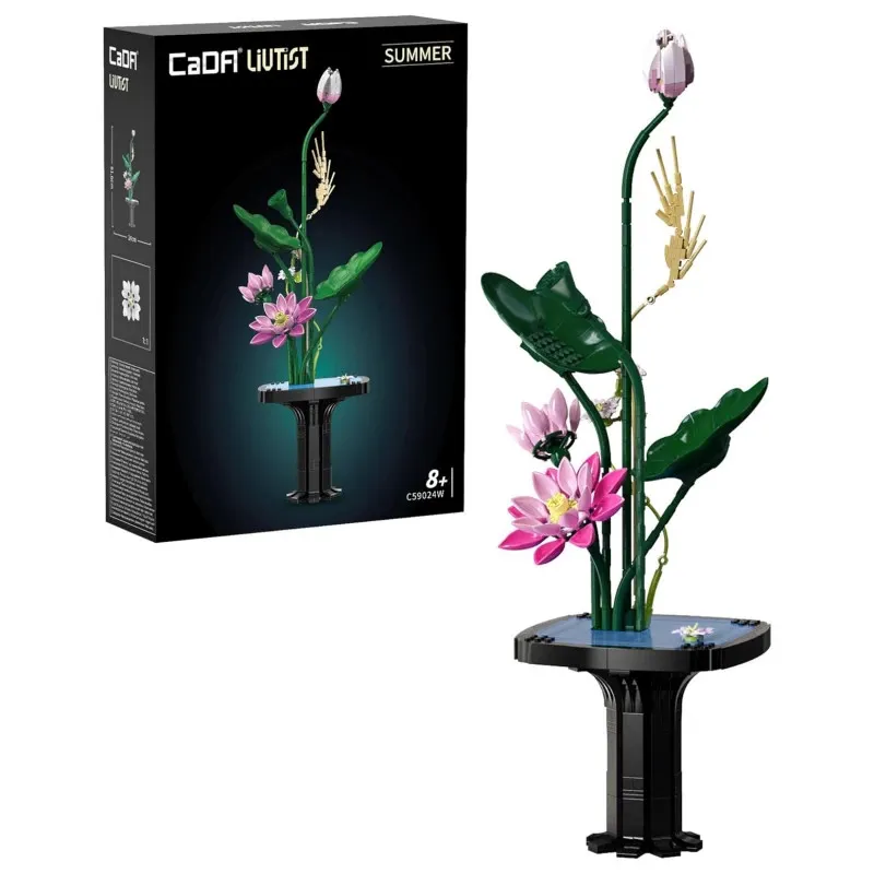 Kit de construction Cada fleurs d'Été - plus de 750 pièces de décoration, sculpture florale lumineuse sur socle noir avec lotus et jasmin.
