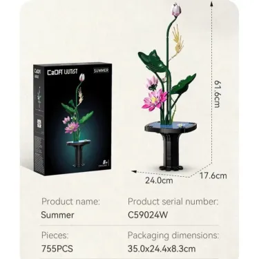 Kit de construction Cada fleurs d'Été, statue florale lumineuse avec socle noir et boîte d’emballage; dimensions environ 67,9 cm haut, fleurs roses et verte, 755 pièces.