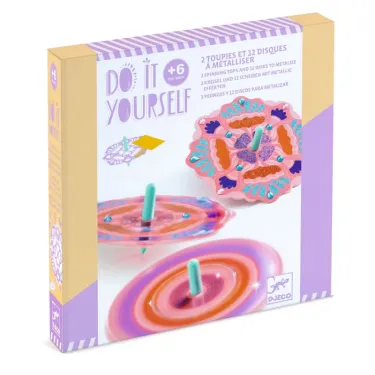 Toupies à personnaliser Flower Power DIY DJECO 7986 : kit créatif Do It Yourself avec toupies et disques métallisés à décorer.