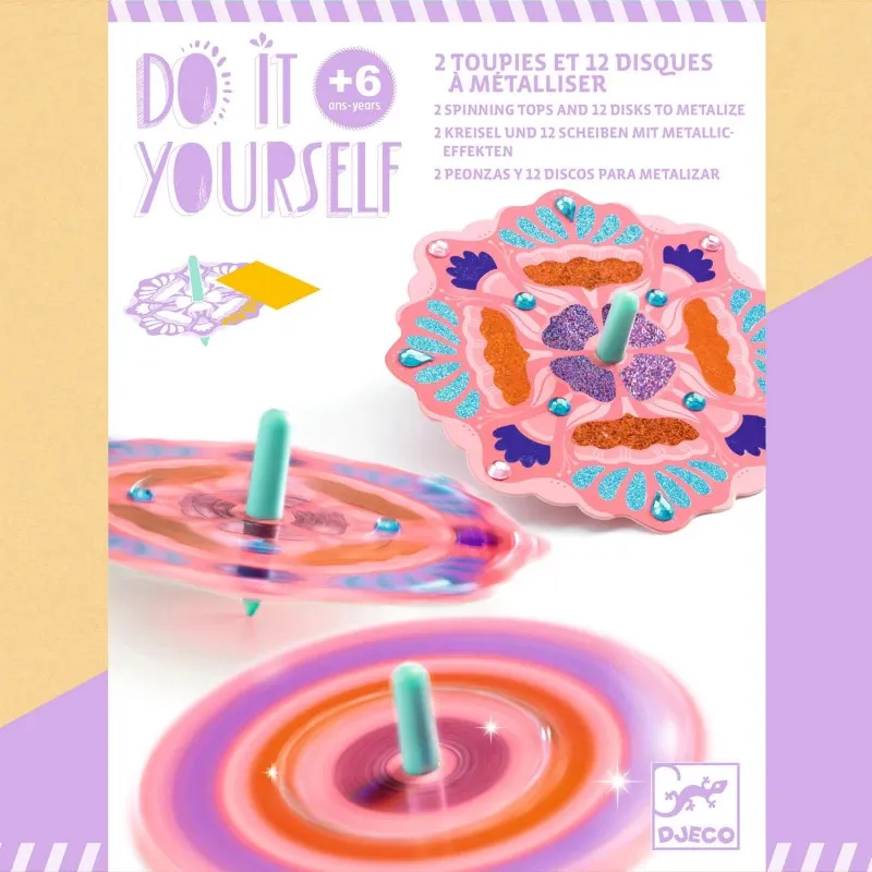 Toupies à personnaliser Flower Power DIY DJECO 7986: boîtes et motifs colorés avec toupies tournantes et disques métallisés multicolores.