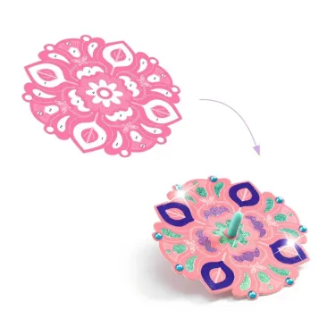 Toupies à personnaliser Flower Power DIY DJECO 7986: une toupie rose décorée de motifs floraux, à assembler avec éléments coloré