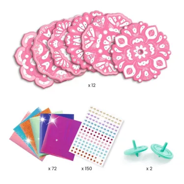 Toupies à personnaliser Flower Power DIY DJECO 7986 : 12 disques roses décoratifs, feuilles et autocollants colorés, papiers brillants et 2 toupies.