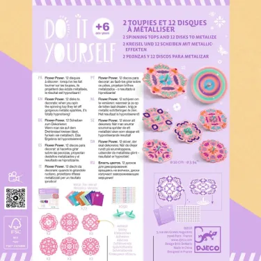 Toupies à personnaliser Flower Power DIY DJECO 7986 : kit violet avec 2 toupies et 12 disques métallisés, motifs floraux, pages d’instructions et petites pièces décoratives.
