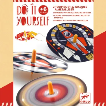 Toupies à personnaliser - Hypno Cosmos DIY DJECO 7987: boîte créative avec toupies à disque et éléments design.