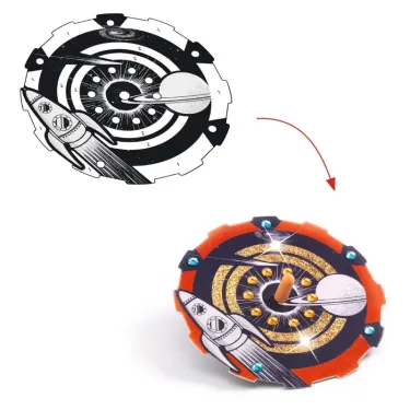 Toupie à personnaliser Hypno Cosmos DIY Djeco 7987 avec surface gravée et éléments mobiles à assembler pour créer une toupie lumineuse.