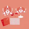 Toupies à personnaliser Hypno Cosmos DIY DJECO 7987 : illustration de fusées rouges et blanc sur fond couleur pêche avec stickers et personnalisations.