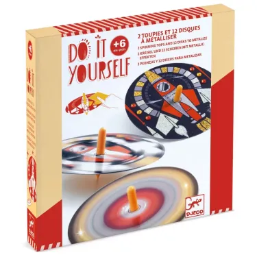 Toupies personnalisables Hypno Cosmos DIY Djeco 7987 dans boîte, avec deux toupies et disques métallisés et motive à faire soi-même.
