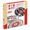 Toupies personnalisables Hypno Cosmos DIY Djeco 7987 dans boîte, avec deux toupies et disques métallisés et motive à faire soi-même.
