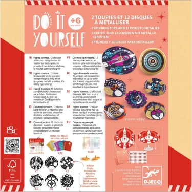 Toupies à personnaliser Hypno Cosmos DIY DJECO 7987: ensemble coloré avec 2 toupies tournantes et 12 disques à métaliser, pictogrammes et instructions.