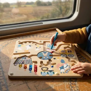 Jeu de labyrinthe à billes magnétique « Cirque » pour enfants, avec plan de jeu en bois et pièces aimantées colorées sur une table, manipulé avec un stylo magnétique.