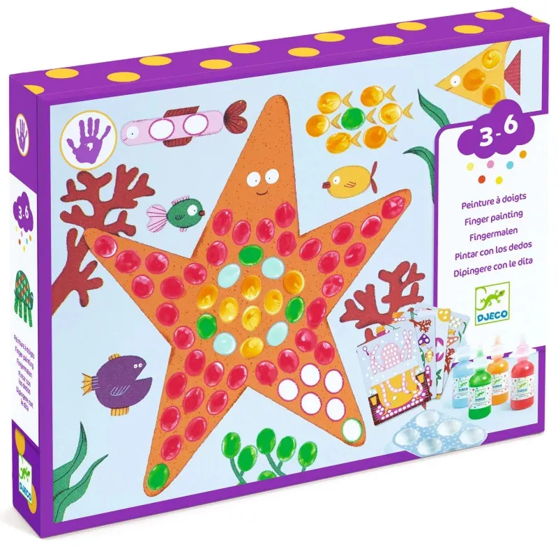 Peinture à doigts Pois et poissons DJECO 0046: planche avec grande étoile orange à pois colorés, kit de peinture tactile pour enfants 3–6 ans.
