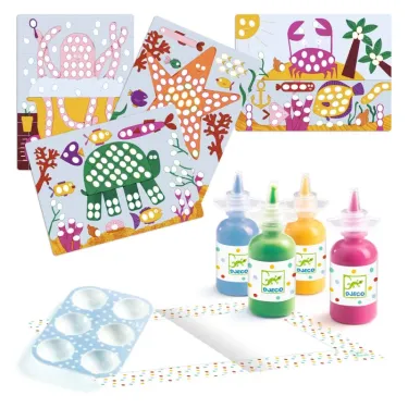 Peinture à doigts – Pois et poissons DJECO 0046 : cartes décorées et flacons de peinture colorée pour enfants