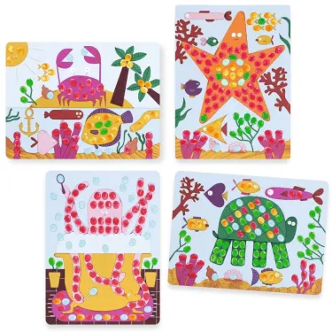 Peinture à doigts - Pois et poissons DJECO 0046: scène d’aquarium avec animaux colorés et empreintes de doigts sur quatre cartes
