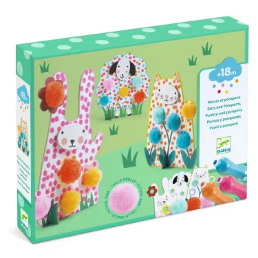 Set de points et pompons DJECO 0965 pour créer des animaux en herbe colorés avec des pompons fluo, boîte illustrée.