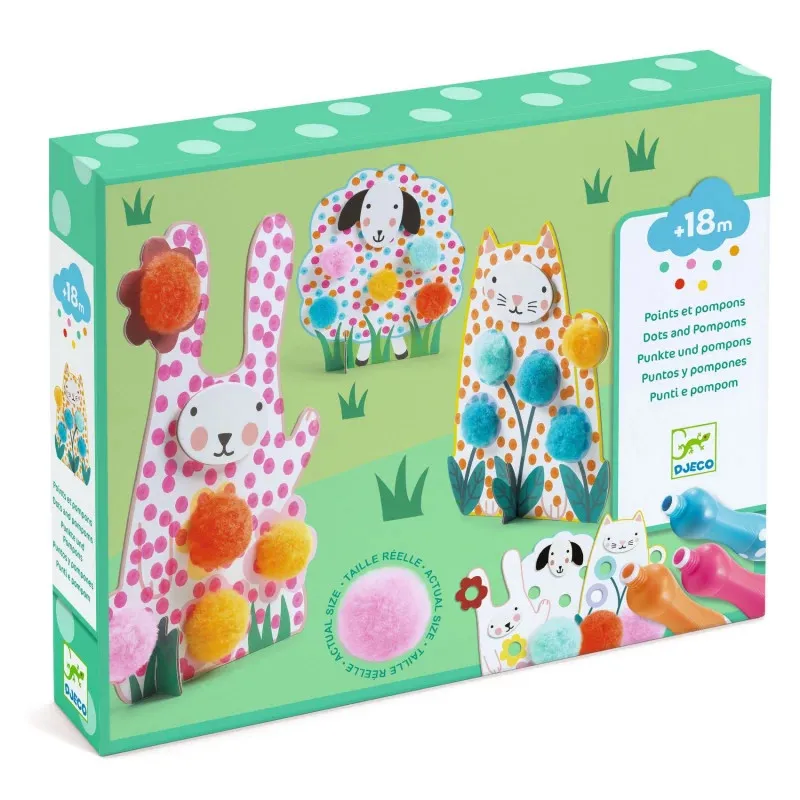 Set de points et pompons DJECO 0965 pour créer des animaux en herbe colorés avec des pompons fluo, boîte illustrée.