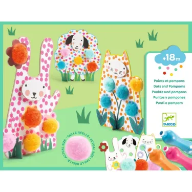 Animaux décorés de pompons colorés pour activité DIY, dans l’herbe, jeu créatif DJECO 0965 pour enfants +18m