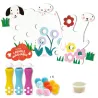 Panneau décoratif en forme de chiens et fleurs avec motifs peluches, trio de bouteilles colorées, 15 pompons multicolores et pet