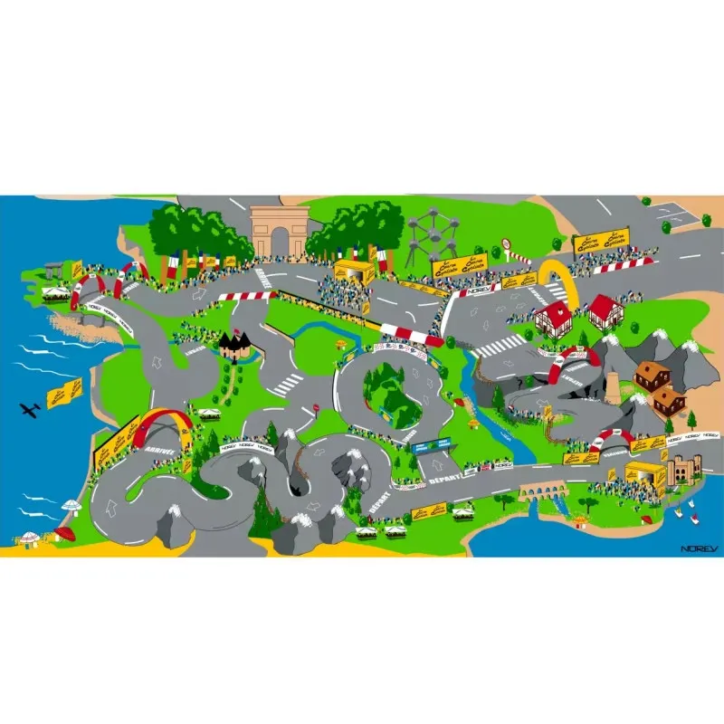 Plan du tapis de jeu course cycliste NOREV 110x55 cm: circuit routier coloré avec obstacles, arches et bannières, zones vertes et bâtiments. Jeu enfant.