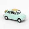 Fiat 500 F 1965 en pastel bleu avec toit beige et bagage sur la véronique du coffre, miniature NOREV 1/43, vue de côté.