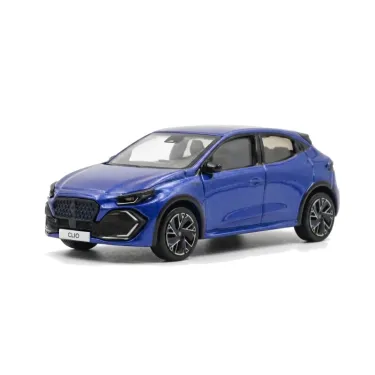 Voiture miniature Renault Clio VI 2026 NOREV 1/64 en bleu iron, vue en angle avec détails roues et calandre