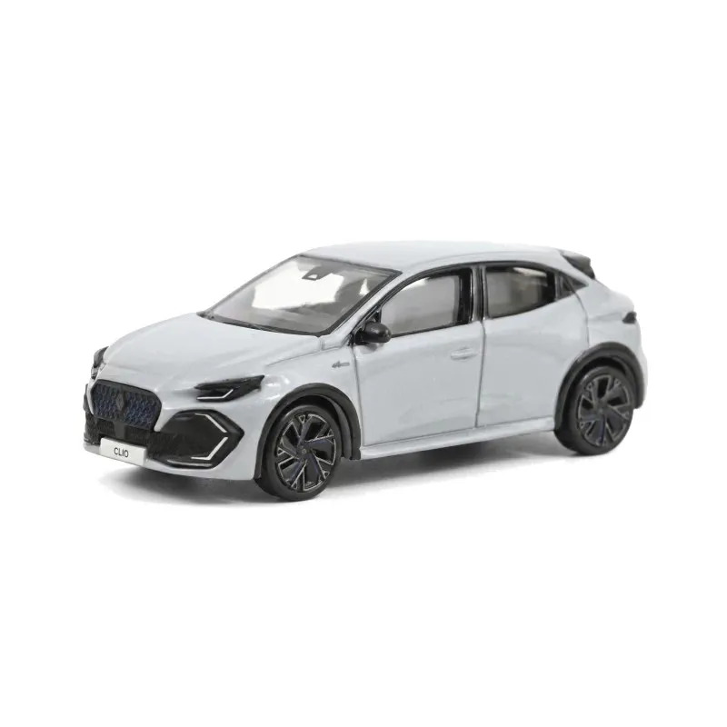 Renault Clio VI 2026 NOREV 1/64 en gris Rafale, modèle réduit automobile, vue frontale et latérale.