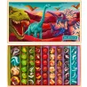 Grand coffret de billes "Dinosaures" Billes & Co: boîte décorée de dinosaures avec rangées multicolores de billes à l’intérieur du coffret.