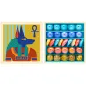 Petit coffret de billes Anubis Billes & Co, coffret ouvert montrant 5 rangées de billes colorées et motifs égyptiens sur le couvercle.