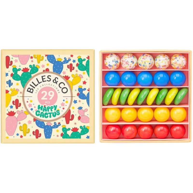 Petit coffret de billes Happy Cactus Billes & Co, coloré ensemble de 29 billes sur un plateau en bois, motif cactus.