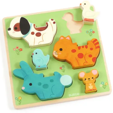 Puzzle relief en bois DJECO 1083 : plateau avec animaux colorés et pièces à assembler (chien, canard, chat, souris, lapin, oiseau).