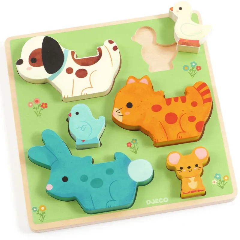 Puzzle relief en bois DJECO 1083 : plateau avec animaux colorés et pièces à assembler (chien, canard, chat, souris, lapin, oiseau).