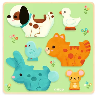 Puzzle en bois DJECO 1083: animaux colorés sur fond vert pastel, chien, canard, chat, souris, lapin, oiseau.