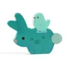 Petit puzzle en bois Puzz and Play Friends: un lapin bleu avec un petit oiseau posé dessus, design coloré et joueur.