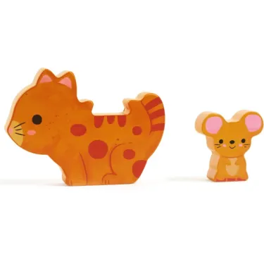 Puzzles et Play Friends - Deux animaux en bois DJECO: un grand chat orange et un petit souris, version relief puzzle.