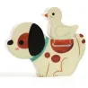 Jouet en bois Puzz and Play Friends: chien blanc à pois marron avec caneton sur son dos, puzzle relief DJECO 1083