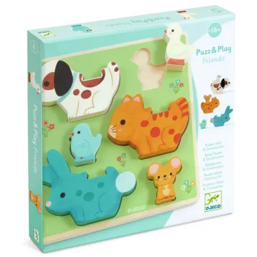 Puzzle relief en bois DJECO 1083 : ensemble d’animaux colorés en bois à assembler sur planche verte, avec chien, canard, chat, souris, lapin, oiseau.