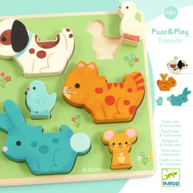 Puzzle relief en bois DJECO 1083: animaux colorés en relief sur panneau vert, y compris un chien, canard, chat, souris, lapin et un oiseau.