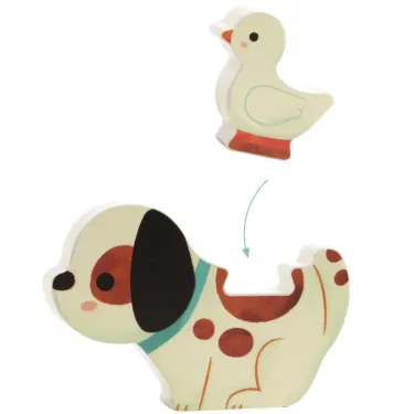 Petits blocs en bois Puzz and Play Friends représentant un caniche et un caneton, jouets modularisés à assembler.