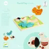 Puzzle en bois DJECO Puzz & Play Friends, arrière du packaging montrant les pièces en bois incluses.
