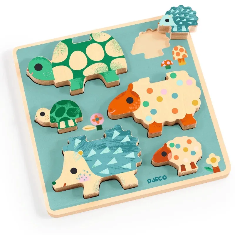 Puzzle en bois DJECO 1084 “Puzz and Play Family”, tableau avec animaux à assembler sur fond bleu.