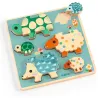 Puzzle en bois DJECO 1084 “Puzz and Play Family”, tableau avec animaux à assembler sur fond bleu.