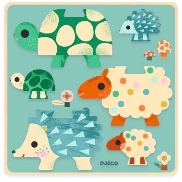 Puzzle en bois DJECO 1084: dinos et animaux colorés sur fond bleu, pièces à assembler, style relief ludique famille.