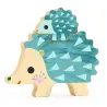 Puzz and Play Family - Puzzle relief en bois DJECO 1084: vue hérisson en pièces bois bleu et beige élégantes, motifs triangles.