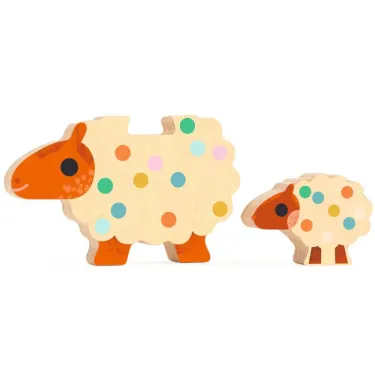 Groupe de puzzle en bois DJECO 1084 Puzz and Play Family: deux moutons décorés de pois colorés, grand et petit, sur fond blanc.