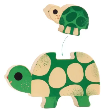 Puzz and Play Family - Puzzles en bois DJECO 1084: illustration d’une tortue et son petit en forme de pièces à assembler.